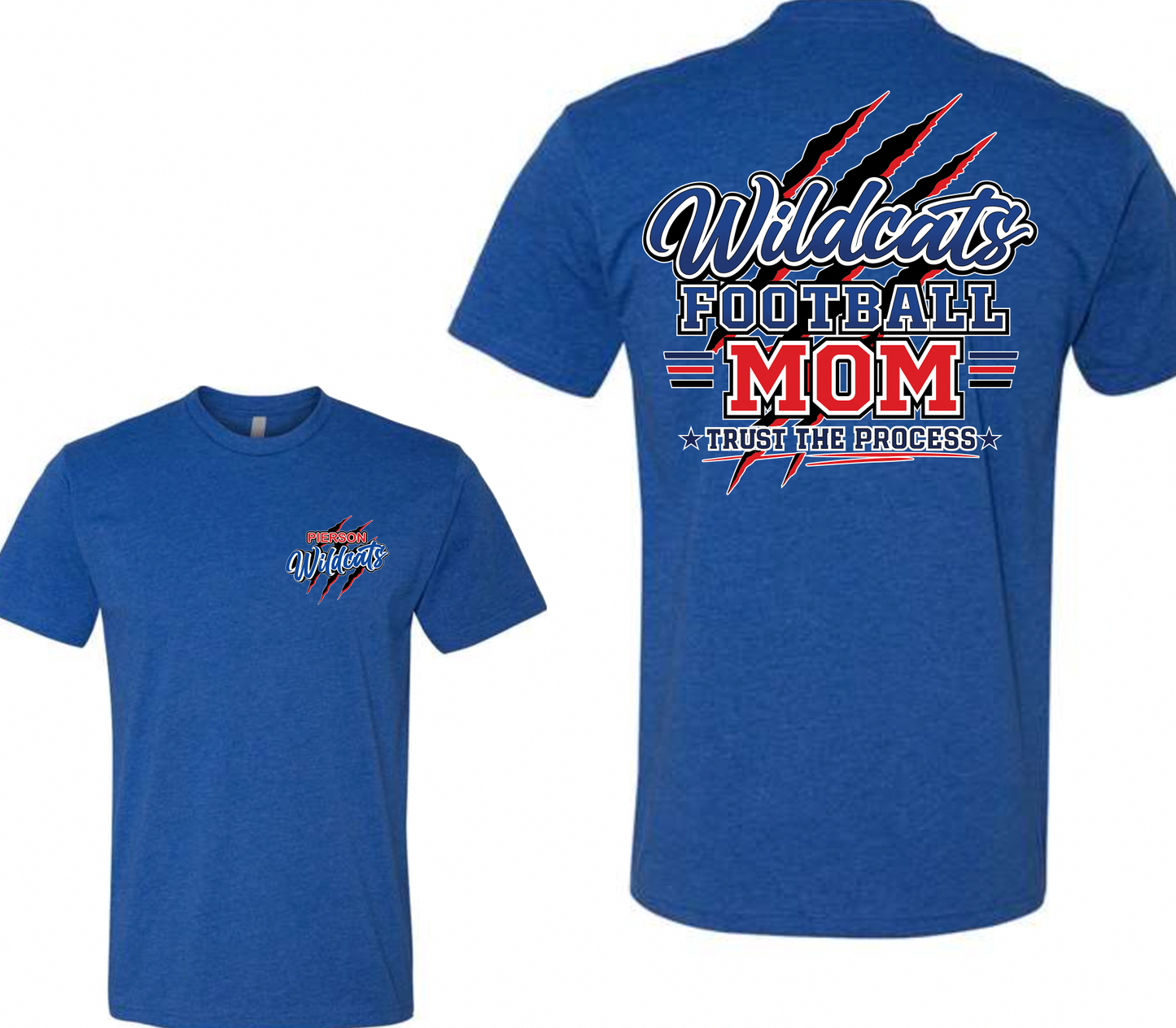 Pierson Wildcats Football Mom CVC Tee – Royal Blue, front and back