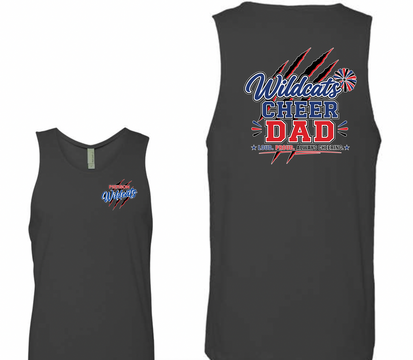 Pierson Wildcats Cheer Dad Tank Top – Dark Grey, front and back