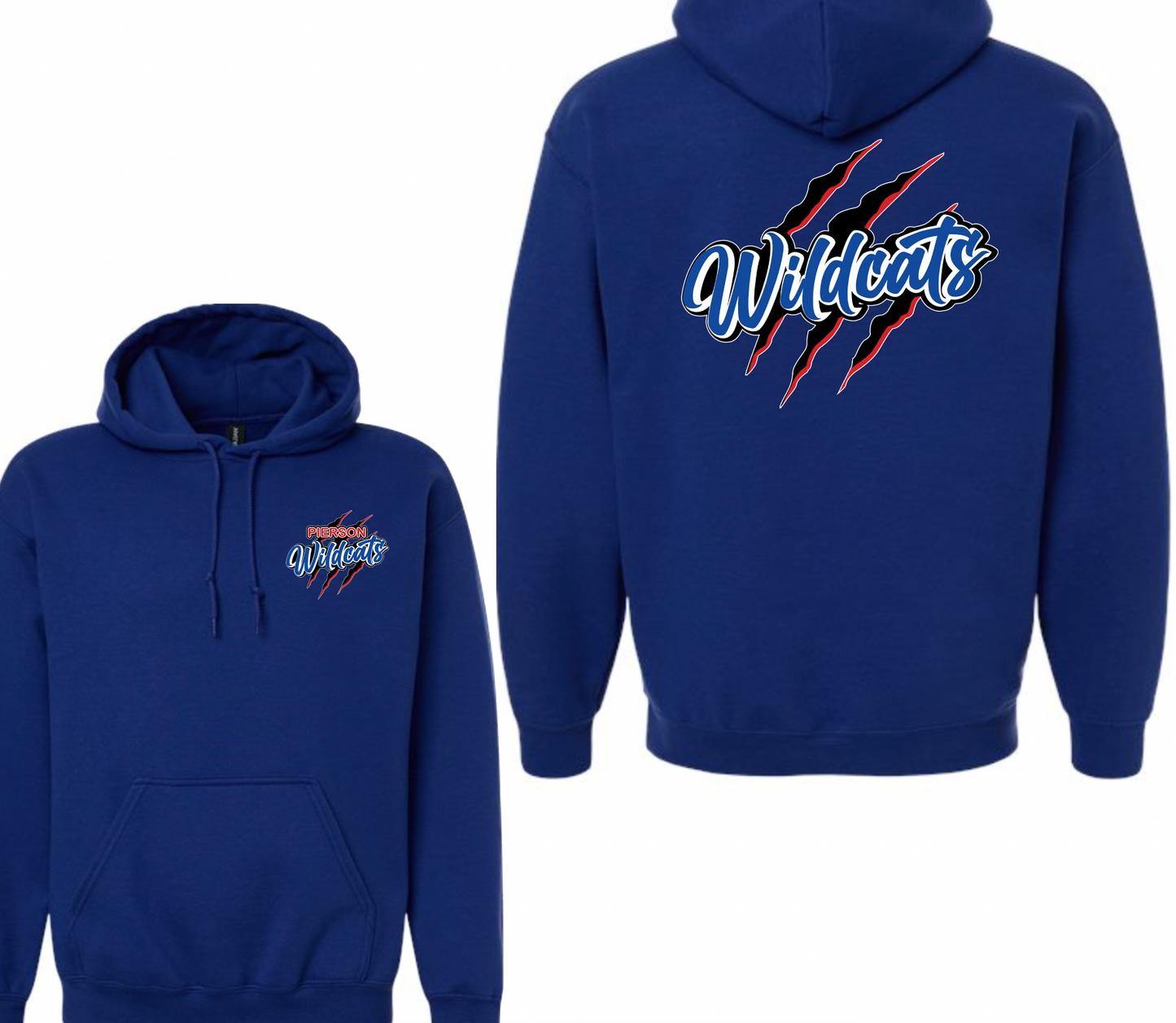Pierson Wildcats Heavyweight Hoodie – Royal Blue, front and back