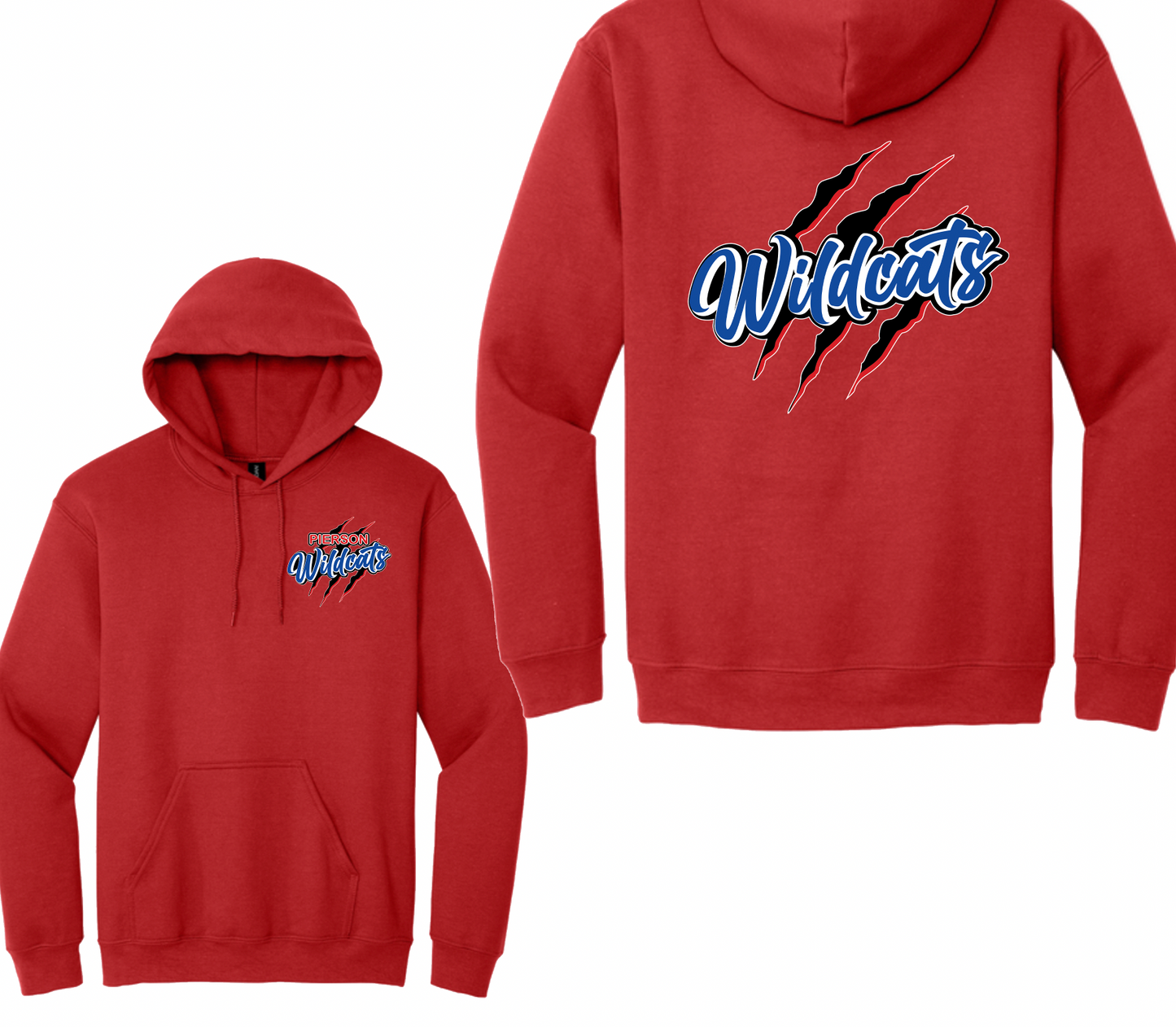 Pierson Wildcats Heavyweight Hoodie – Red, front and back