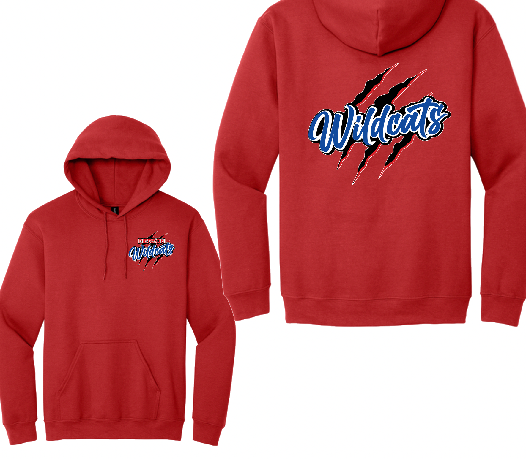 Pierson Wildcats Heavyweight Hoodie – Red, front and back