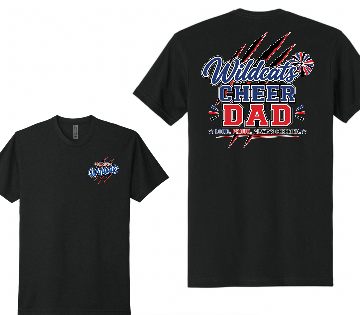 Pierson Wildcats Cheer Dad CVC Tee – Black, front and back