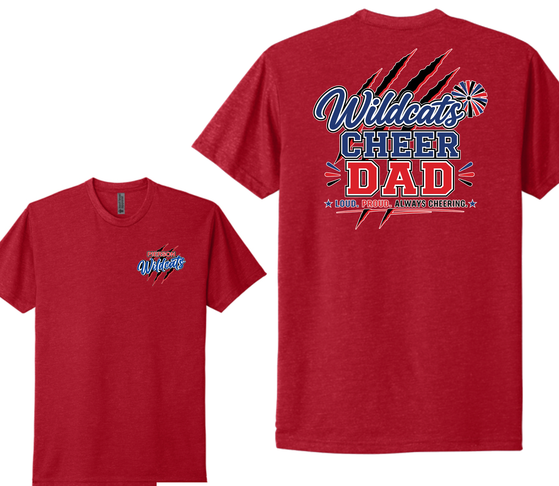 Pierson Wildcats Cheer Dad CVC Tee – Red, front and back