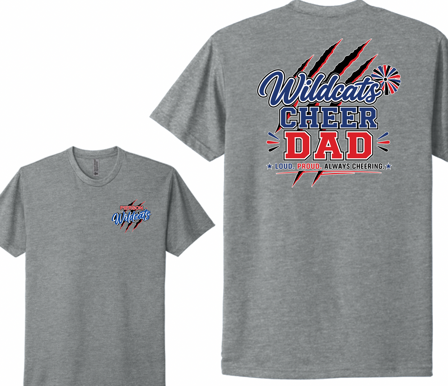 Pierson Wildcats Cheer Dad CVC Tee – Sport Grey, front and back