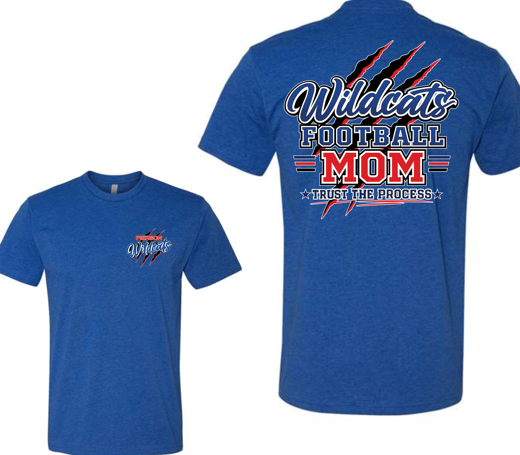 Pierson Wildcats Football Mom CVC Tee – Royal Blue, front and back