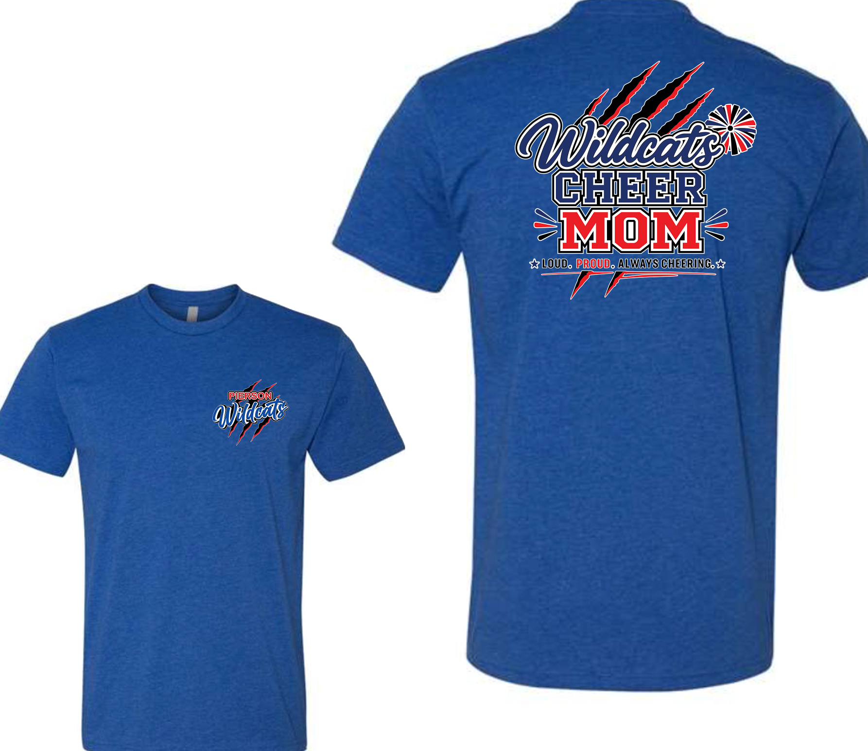 Pierson Wildcats Cheer Mom CVC Tee – Royal Blue, front and back