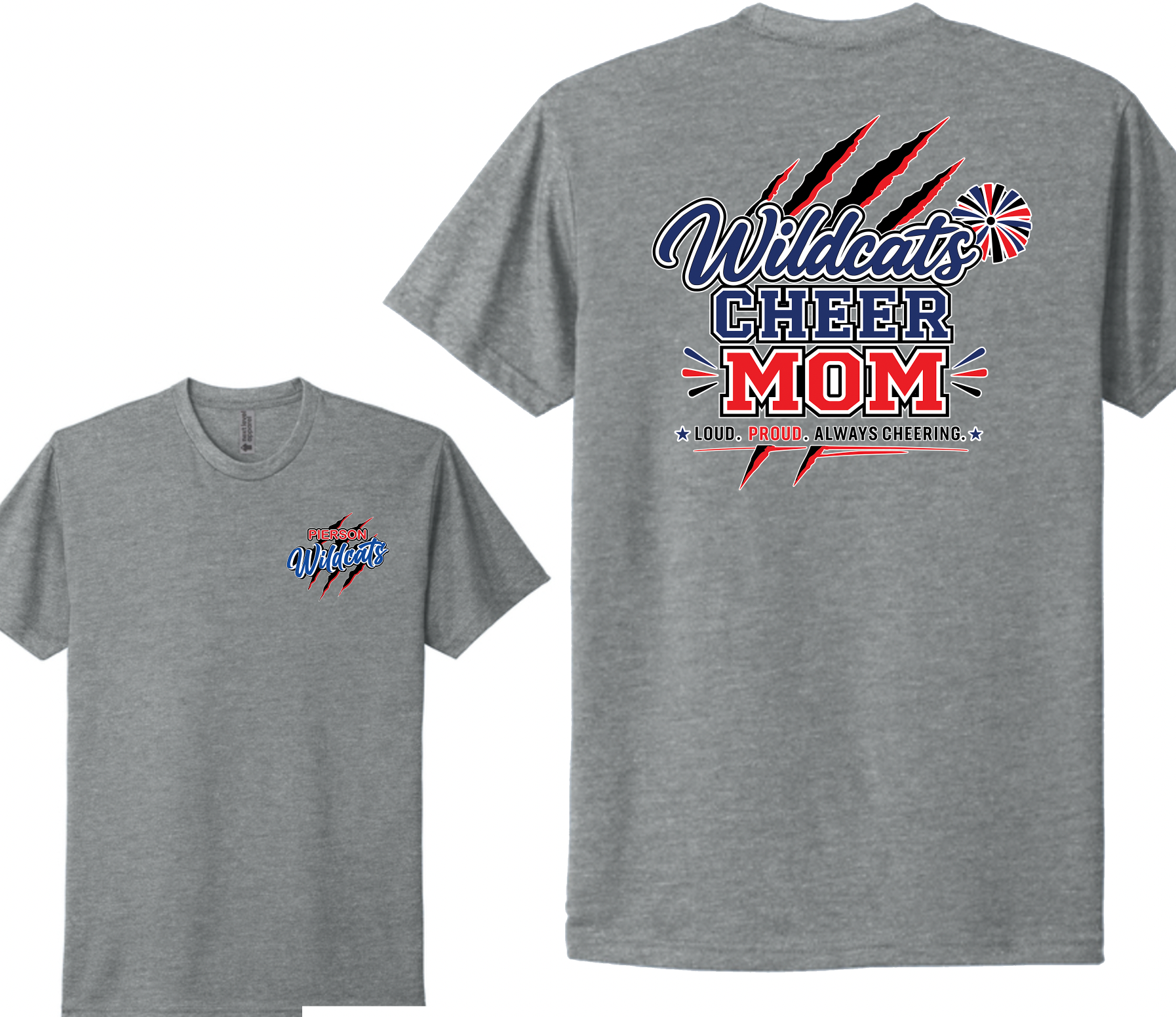 Pierson Wildcats Cheer Mom CVC Tee – Sport Grey, front and back