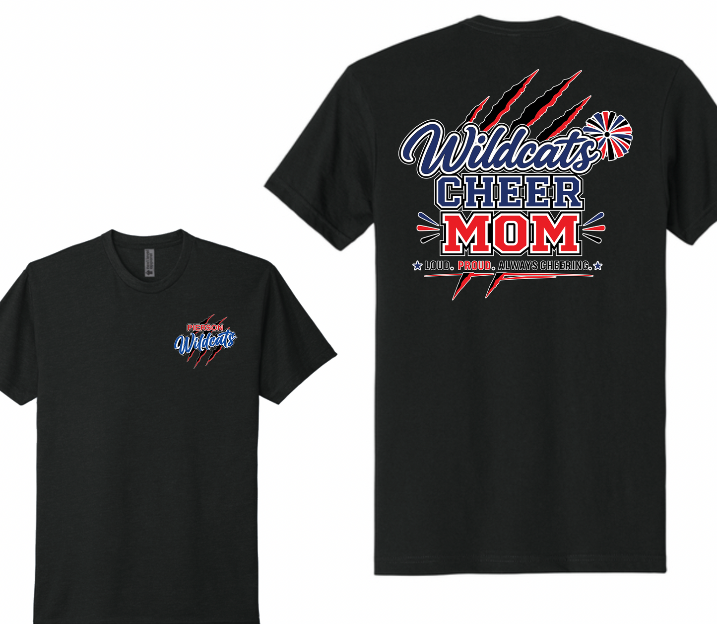 Pierson Wildcats Cheer Mom CVC Tee – Black, front and back