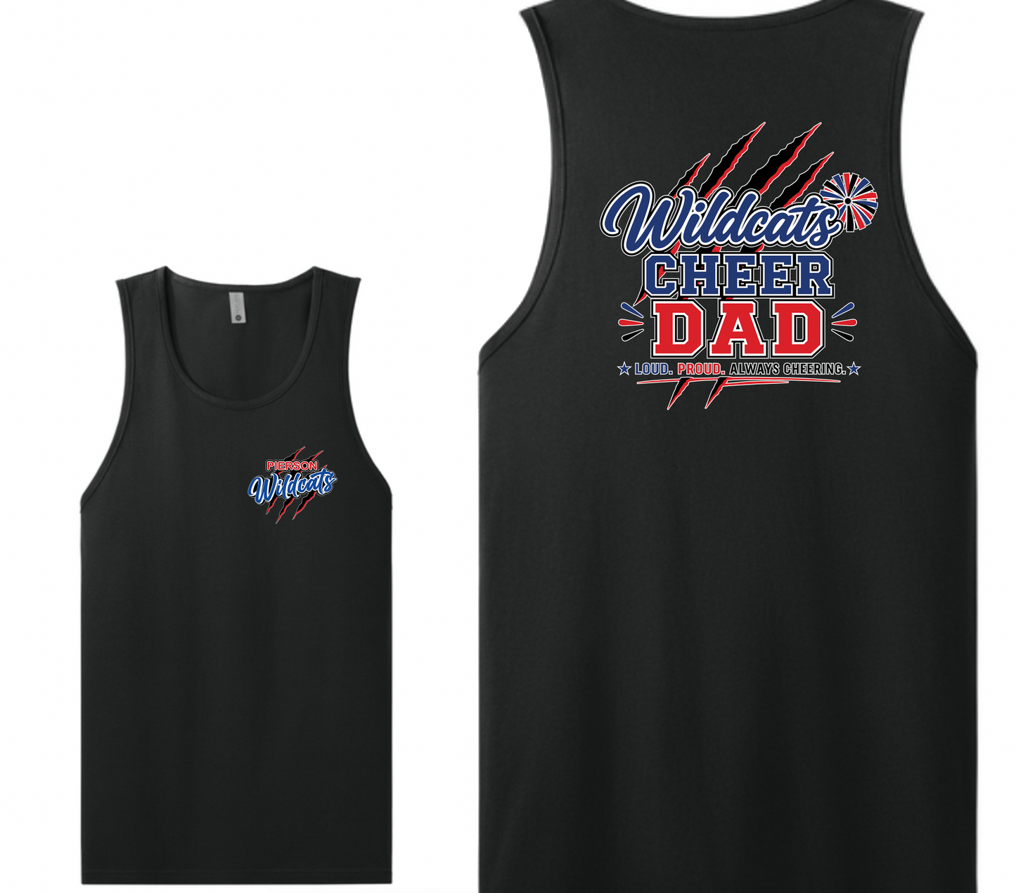 Pierson Wildcats Cheer Dad Tank Top – Black, front and back