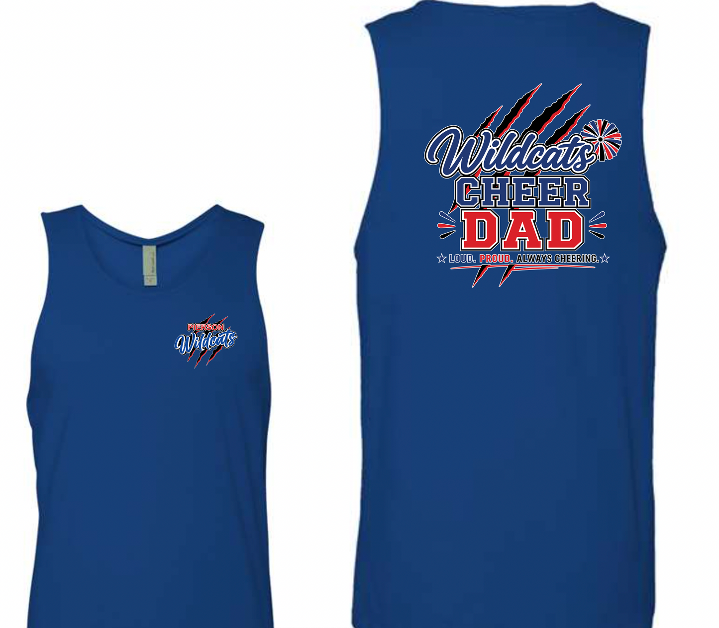 Pierson Wildcats Cheer Dad Tank Top – Royal Blue, front and back