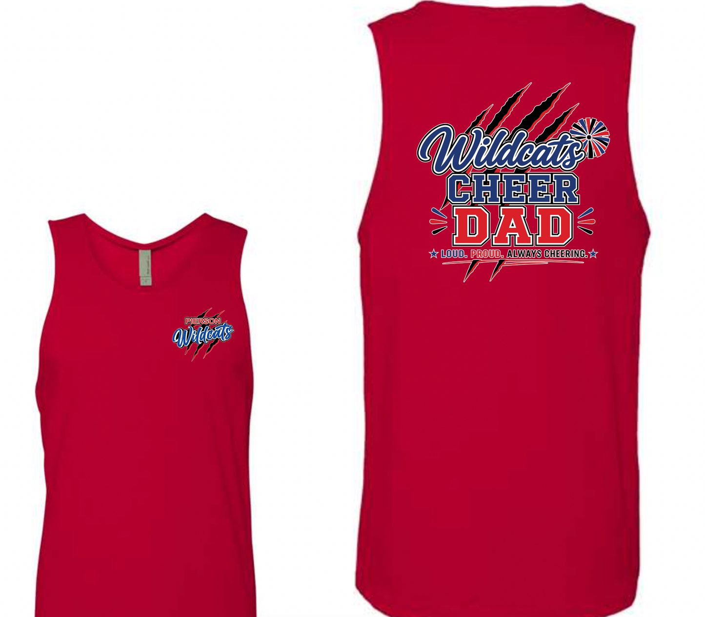 Pierson Wildcats Cheer Dad Tank Top – Red, front and back