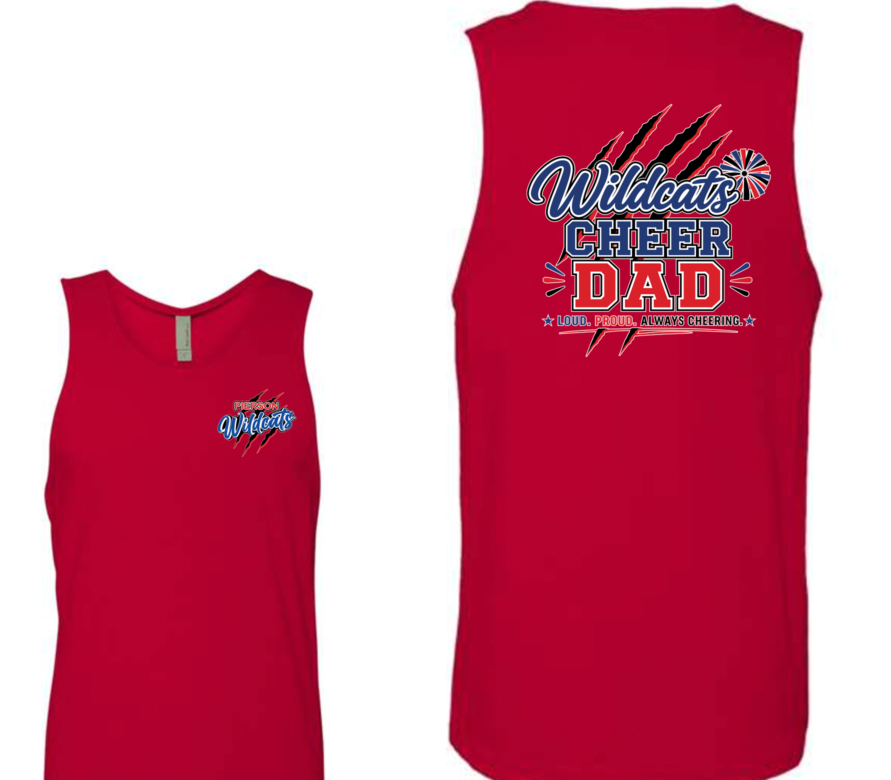 Pierson Wildcats Cheer Dad Tank Top – Red, front and back