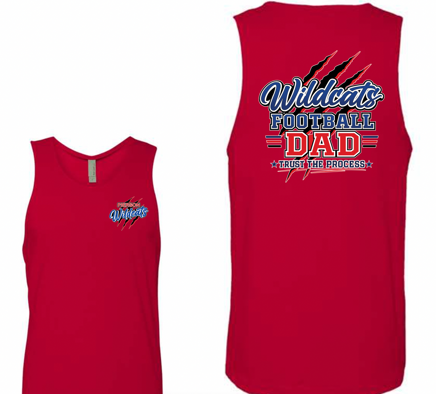 Pierson Wildcats Football Dad Tank Top – Red, front and back