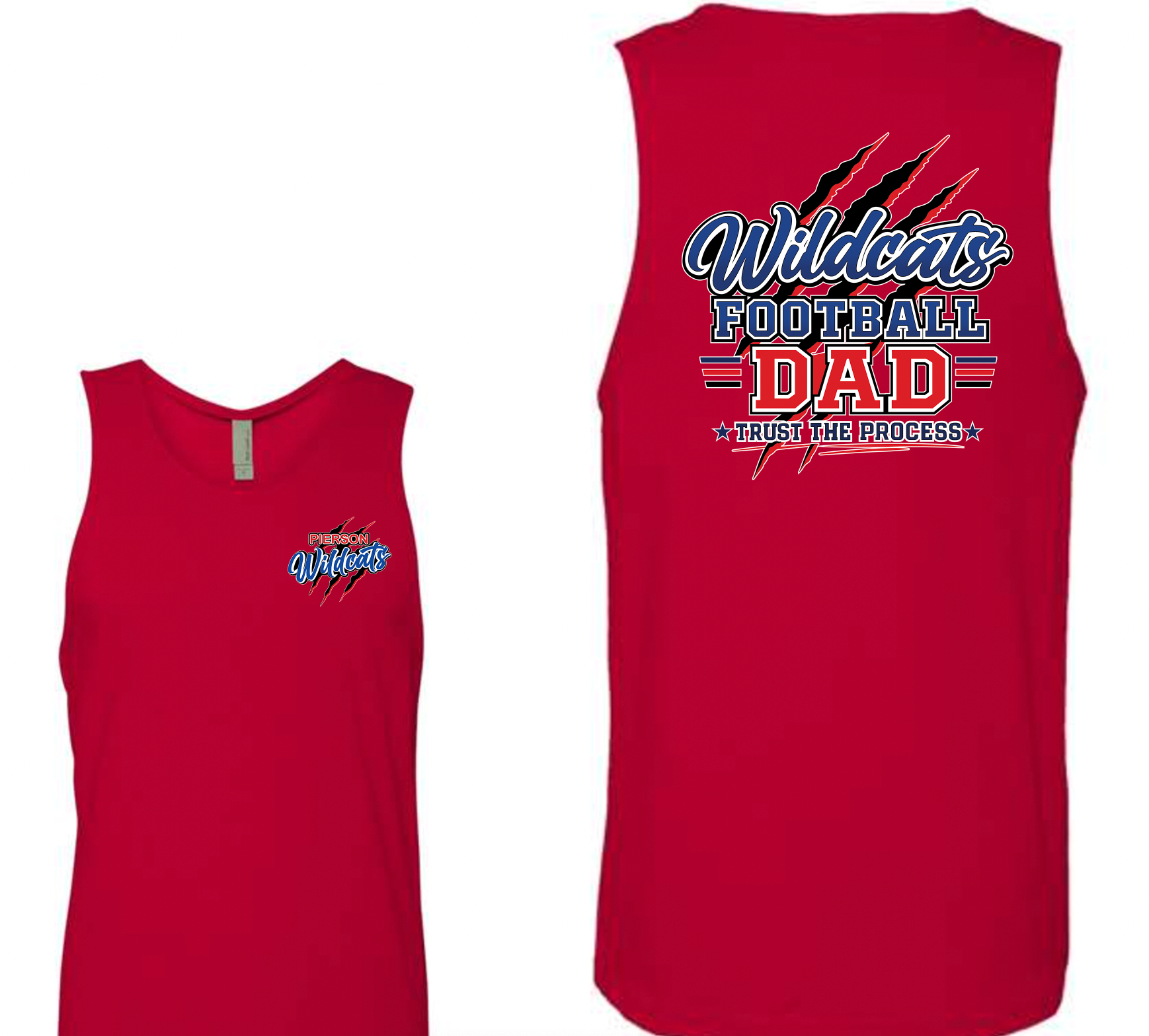 Pierson Wildcats Football Dad Tank Top – Red, front and back