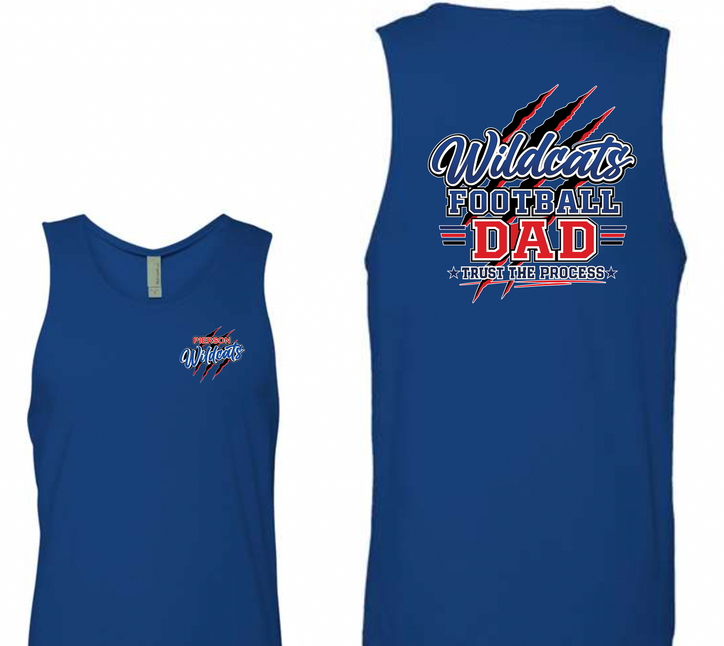 Pierson Wildcats Football Dad Tank Top – Royal Blue, front and back