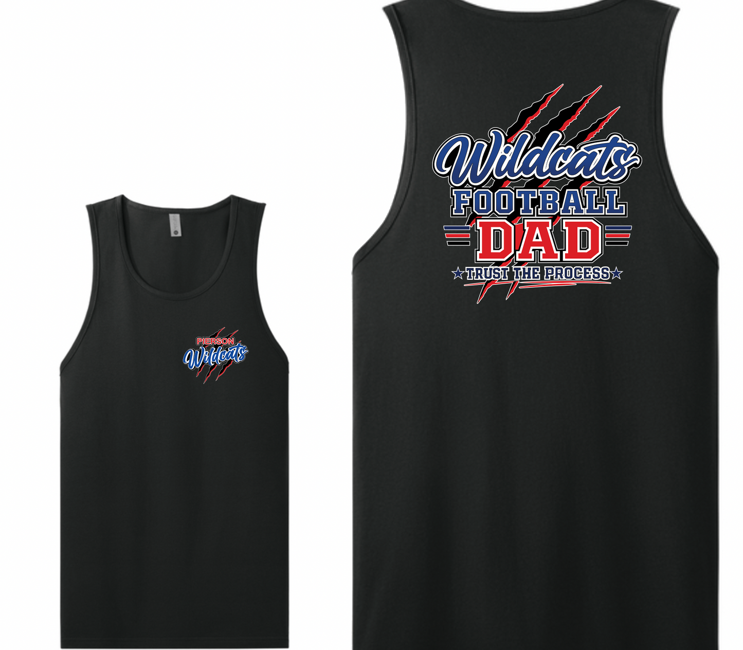 Pierson Wildcats Football Dad Tank Top – Black, front and back