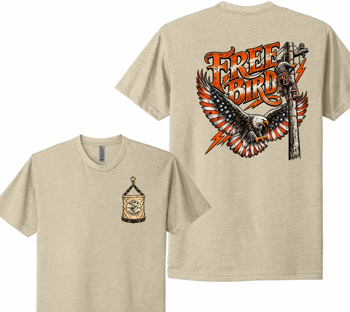 Beige short-sleeve Free Bird American Flag shirt, front and back artwork