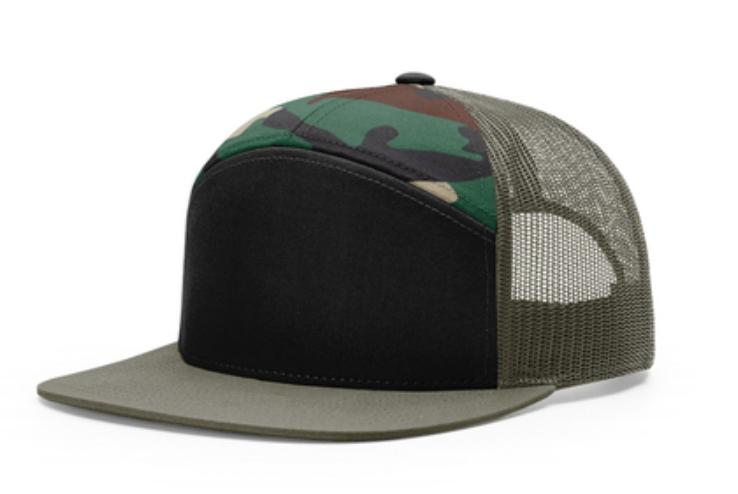 Camo and black flat-bill trucker hat with black front panel and camo crown