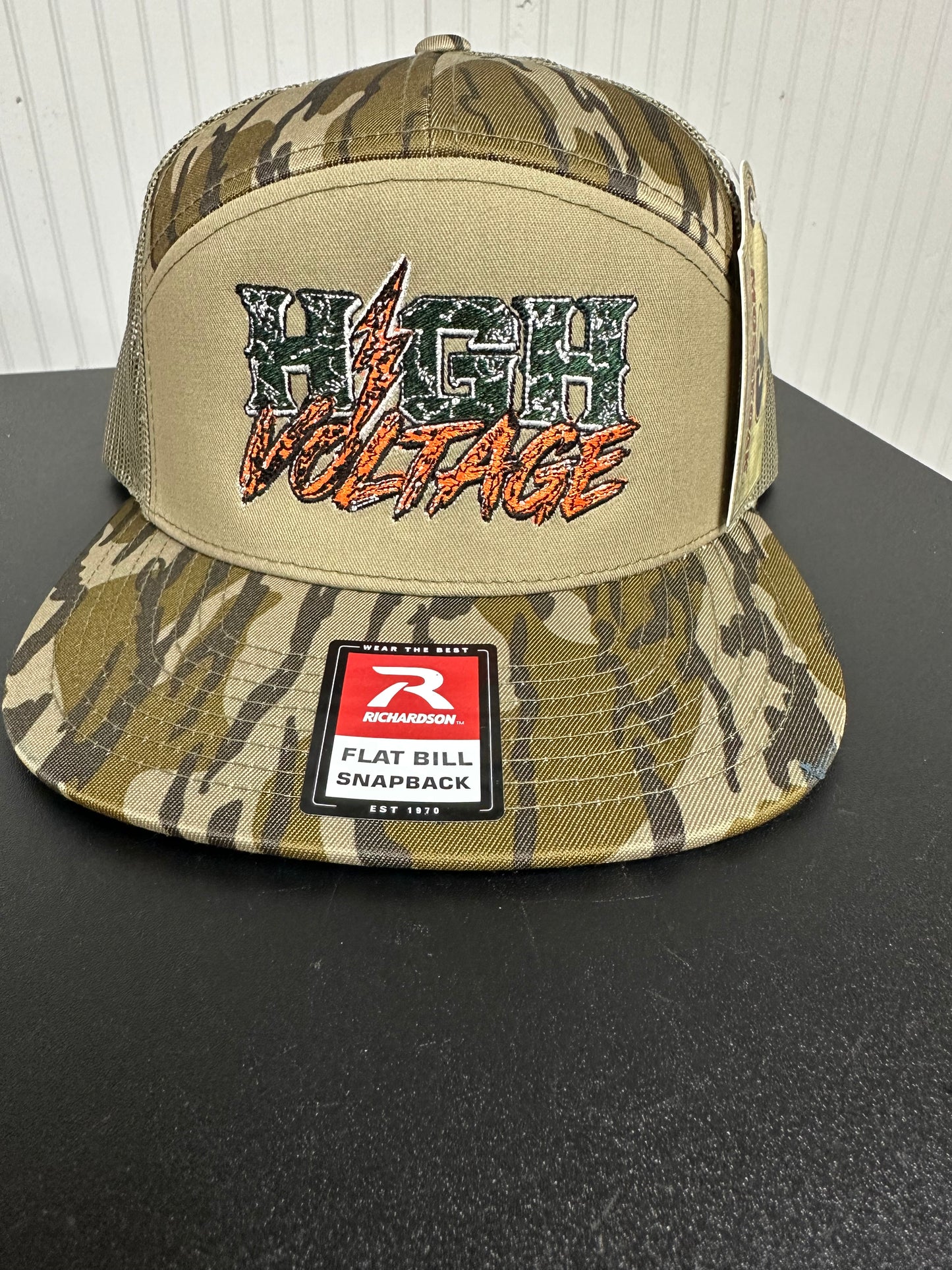 High Voltage embroidered Richardson 168 flat-bill snapback hat in Bottomland camo