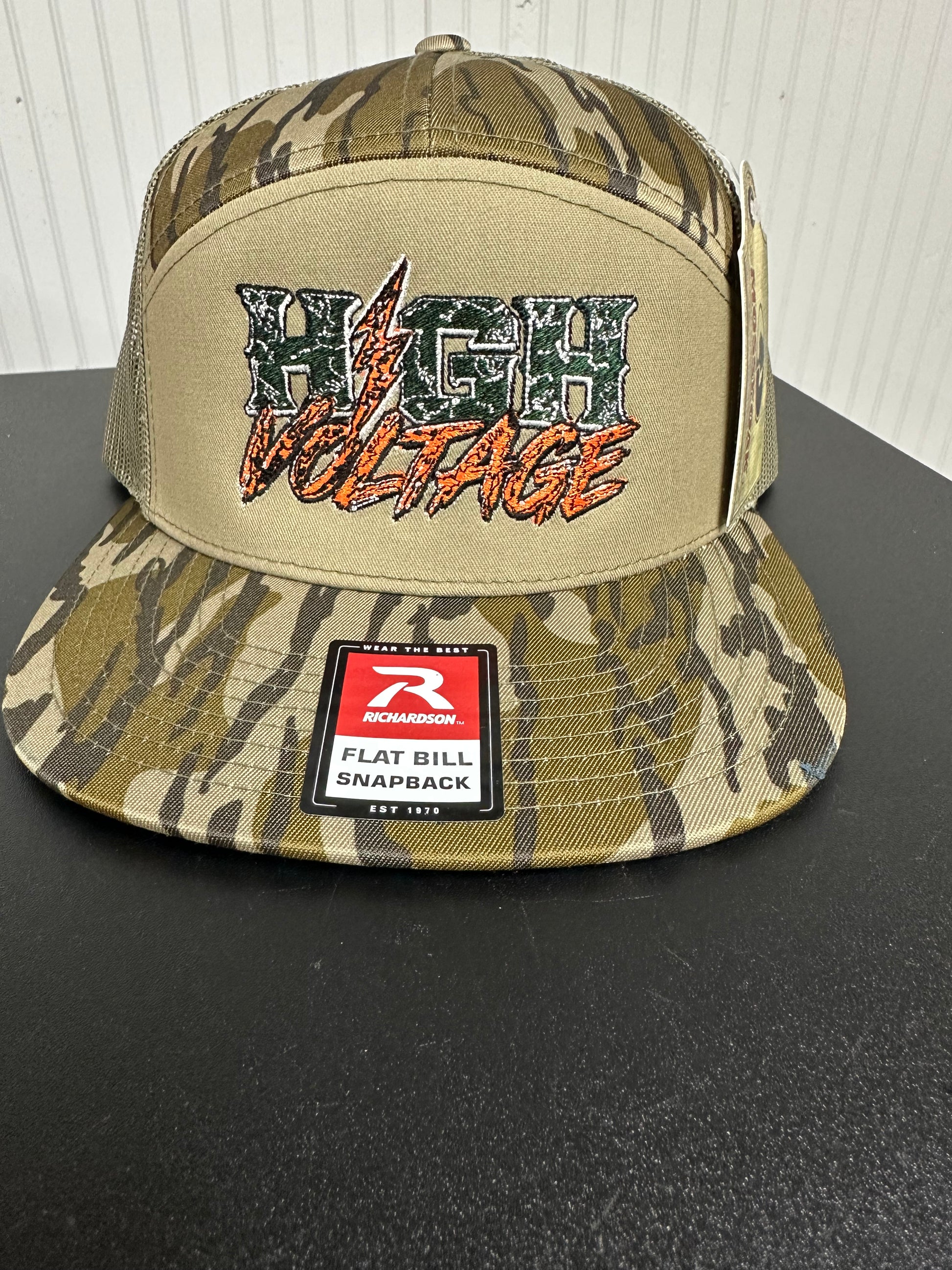 High Voltage embroidered Richardson 168 flat-bill snapback hat in Bottomland camo