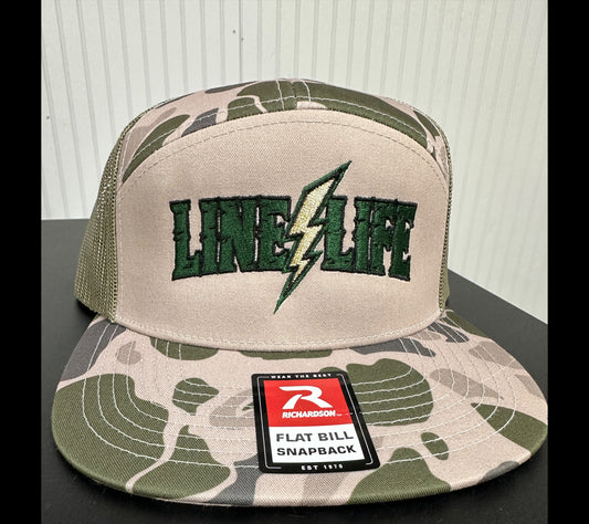 Richardson 168 flat-bill camo hat with green embroidered LINE LIFE lettering and lightning bolt